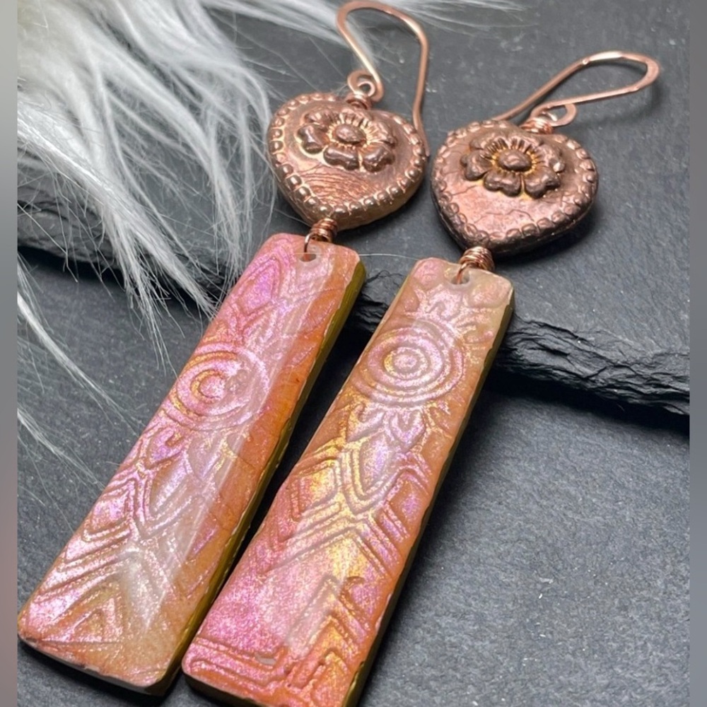 HOST PICK Hand Crafted Copper and Pink Dangle Embossed Resin Heart Earrings - Picture 5 of 16
